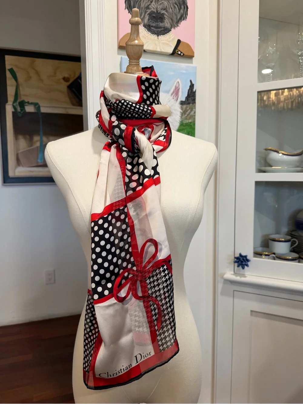 Dior Silk Scarf in Black, White & Red Graphic Print
